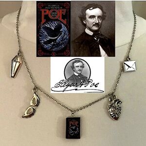 Edgar Allan Poe Handmade Gothic Literature Necklace, Book Cover, Heart, Coffin